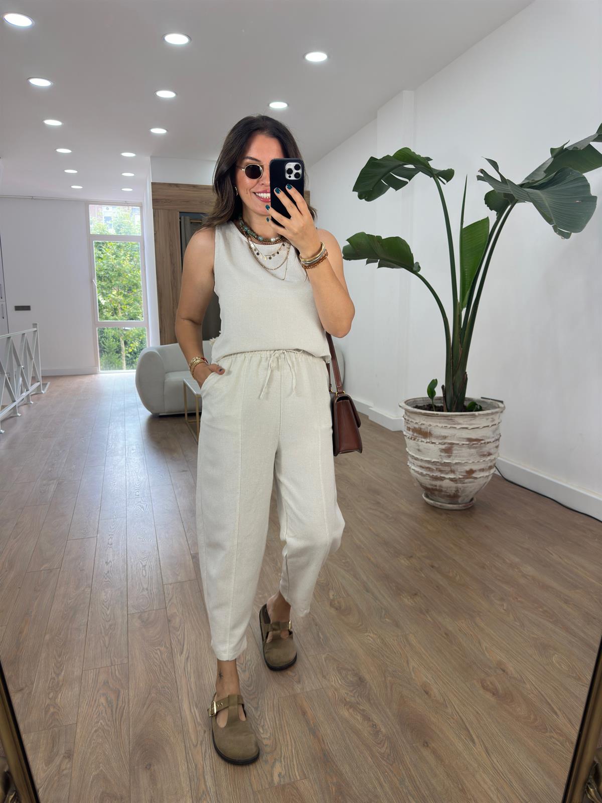 Şalvar Pantolonlu Keten Takım-Taş