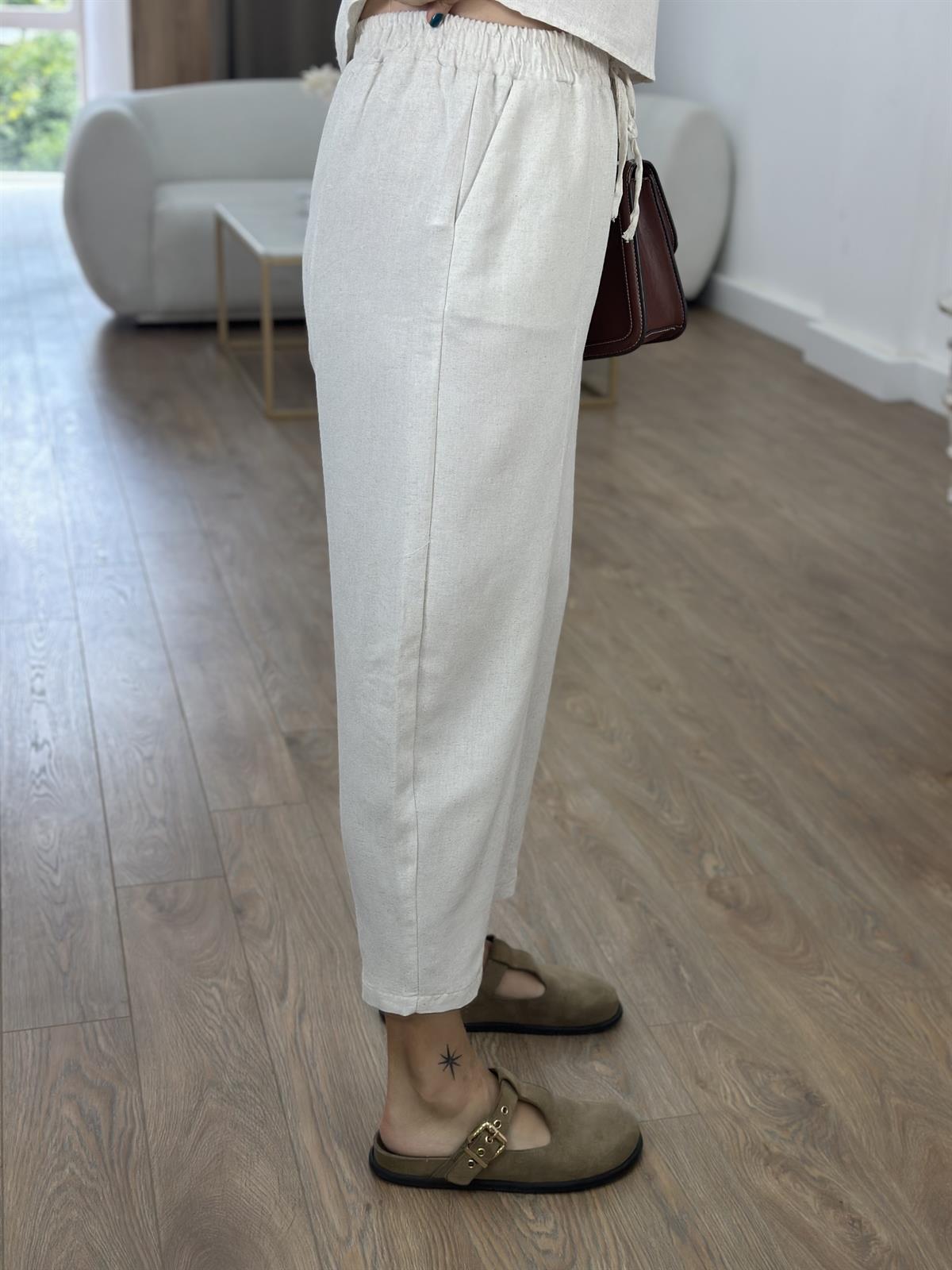 Şalvar Pantolonlu Keten Takım-Taş