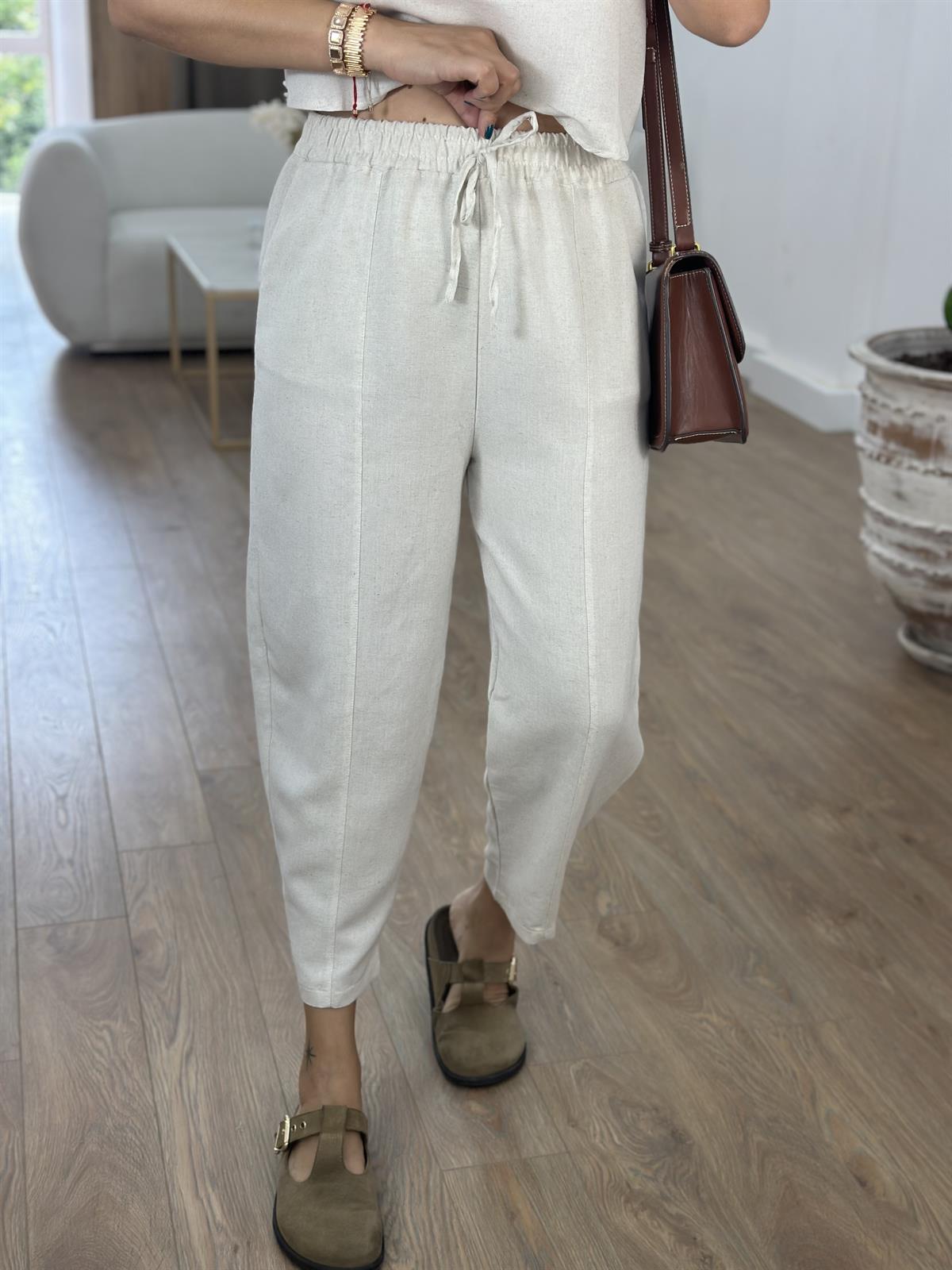 Şalvar Pantolonlu Keten Takım-Taş