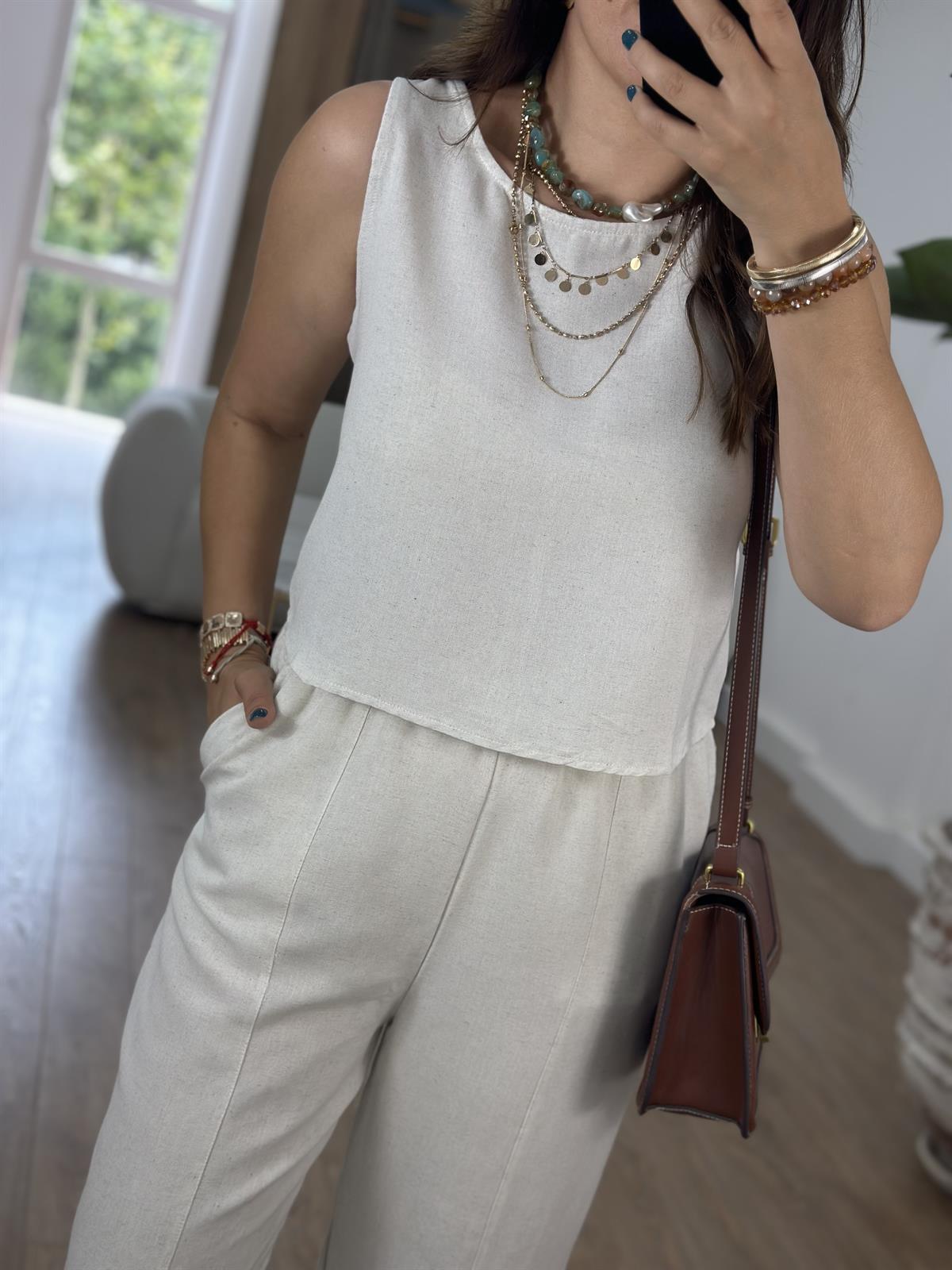 Şalvar Pantolonlu Keten Takım-Taş