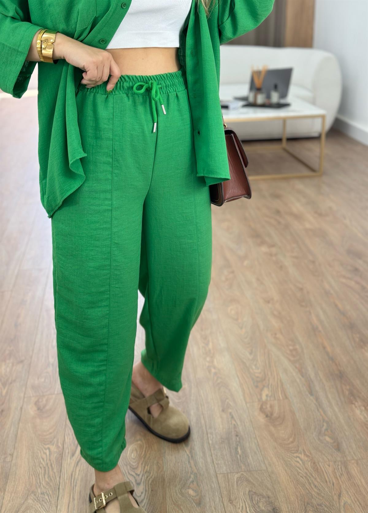 Şalvar Pantolonlu Keten Takım-Yeşil