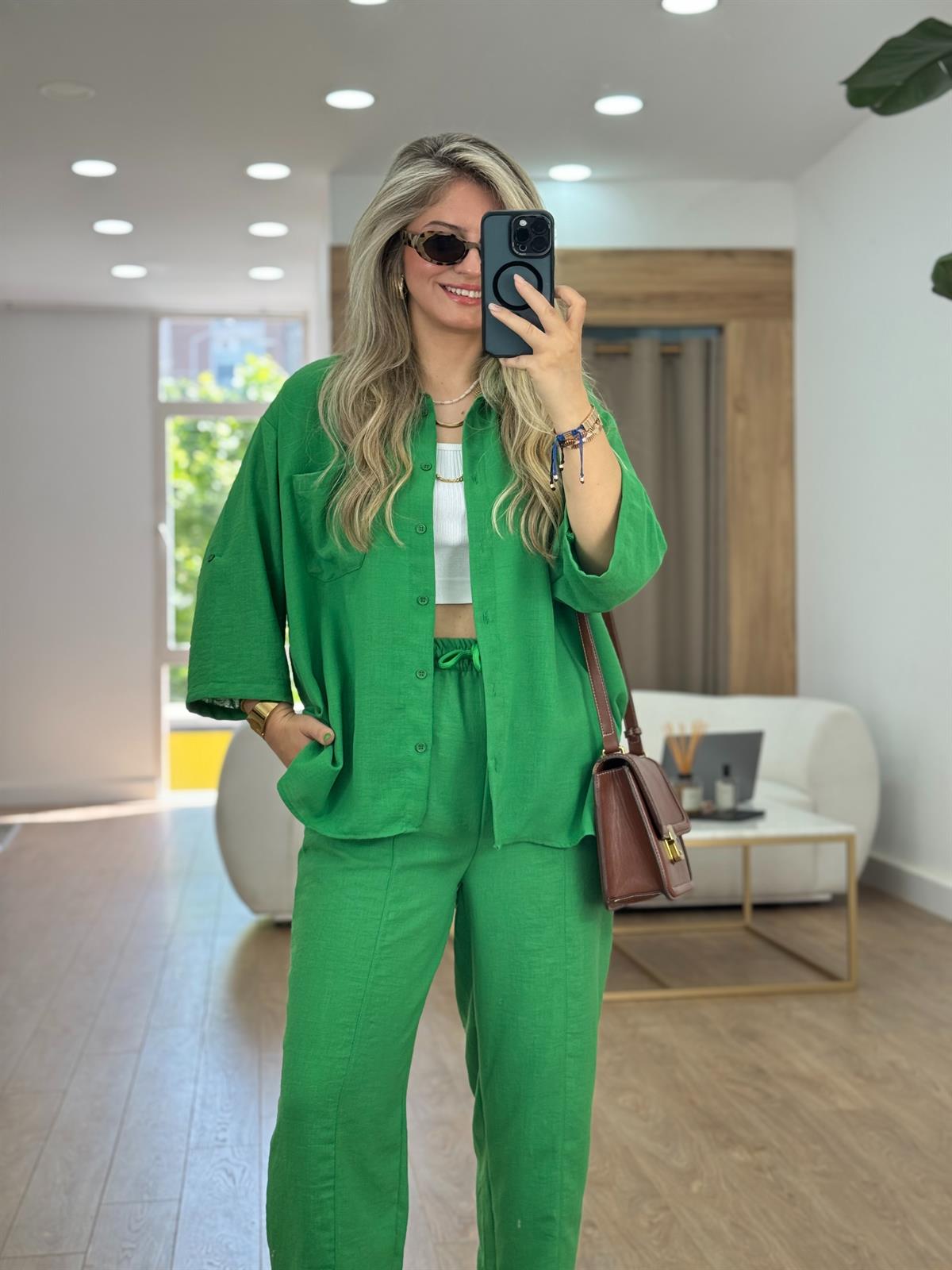 Şalvar Pantolonlu Keten Takım-Yeşil