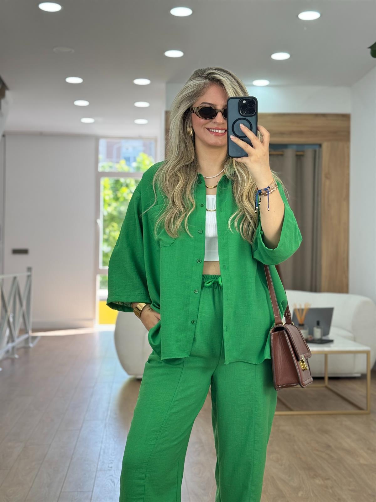 Şalvar Pantolonlu Keten Takım-Yeşil