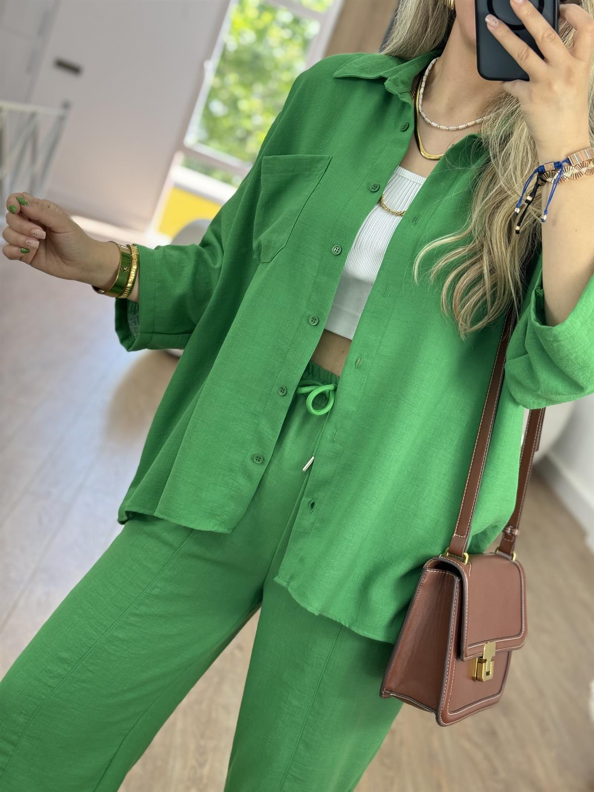 Şalvar Pantolonlu Keten Takım-Yeşil