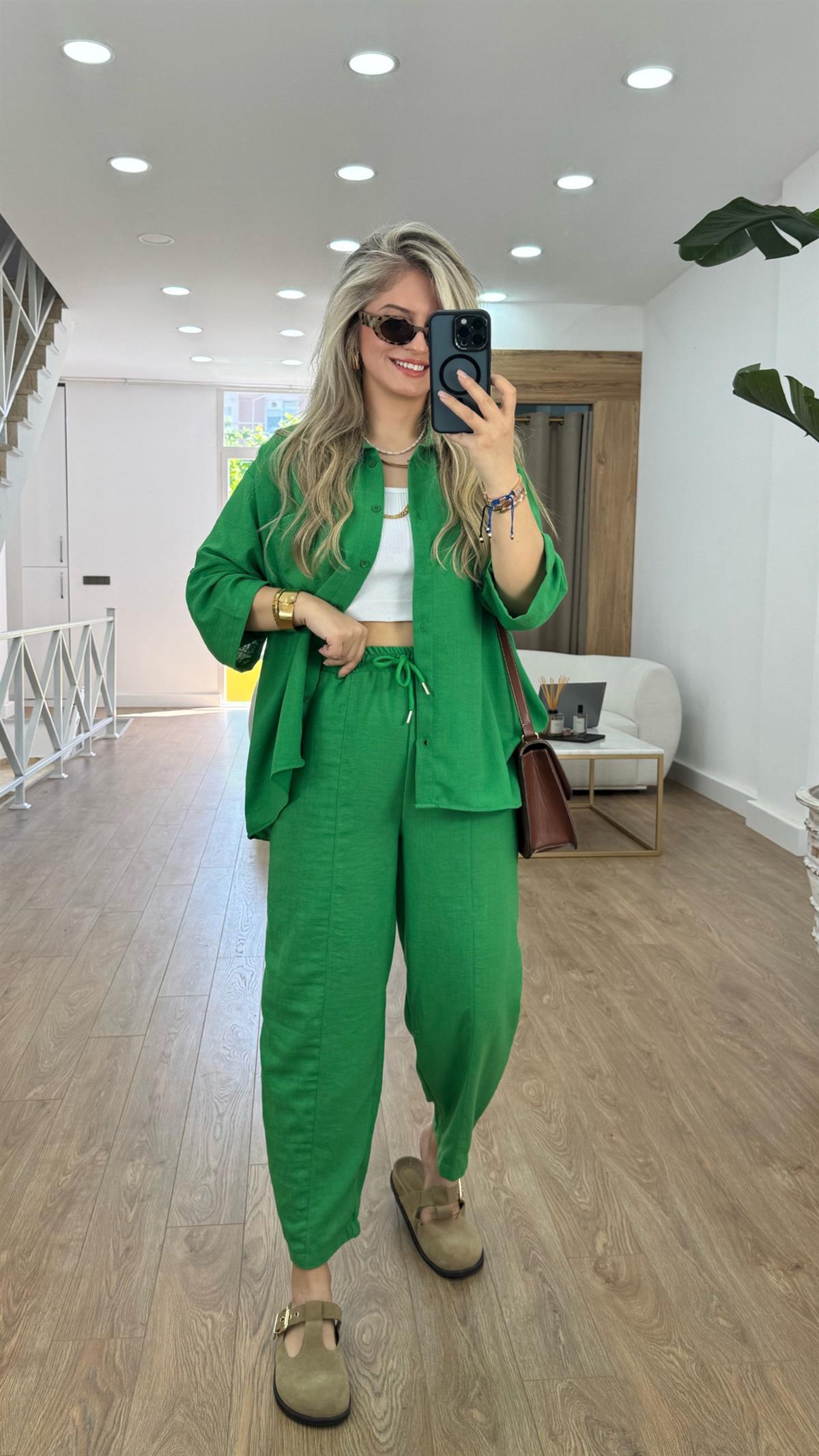 Şalvar Pantolonlu Keten Takım-Yeşil