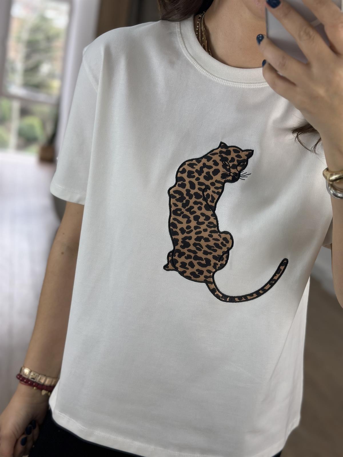 Saten Leopar Baskılı Tshirt - Beyaz