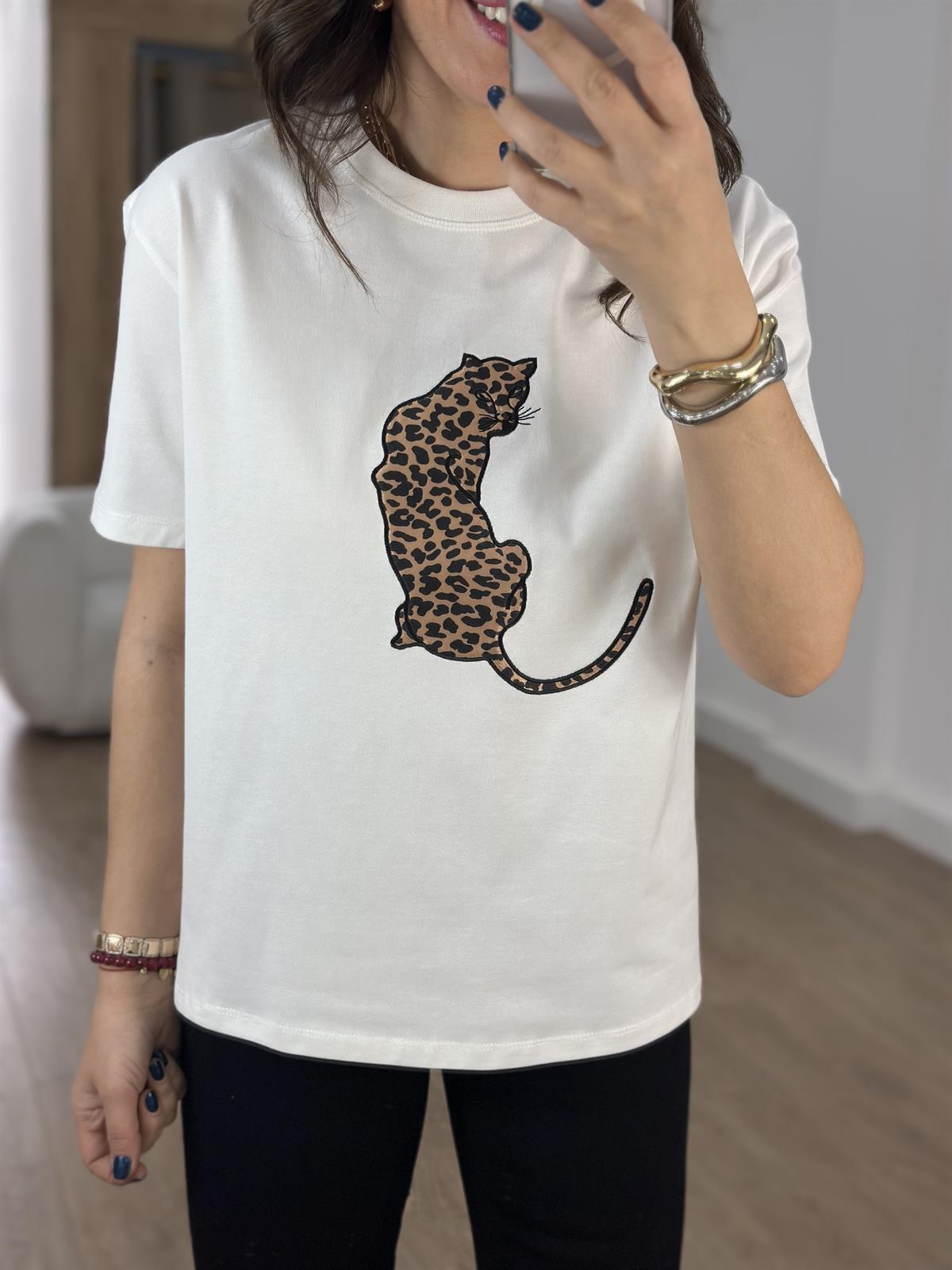 Saten Leopar Baskılı Tshirt - Beyaz