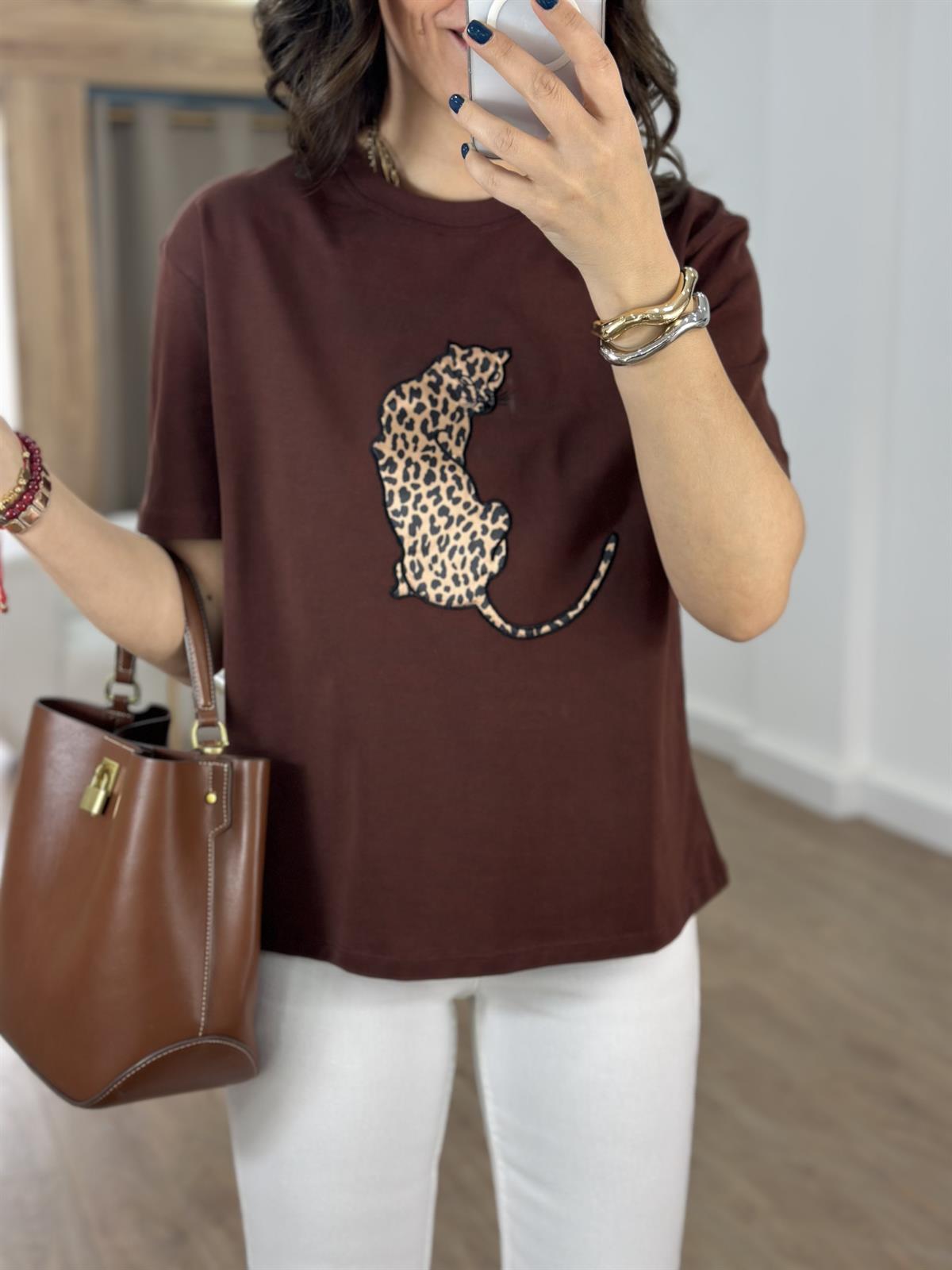 Saten Leopar Baskılı Tshirt - Kahverengi