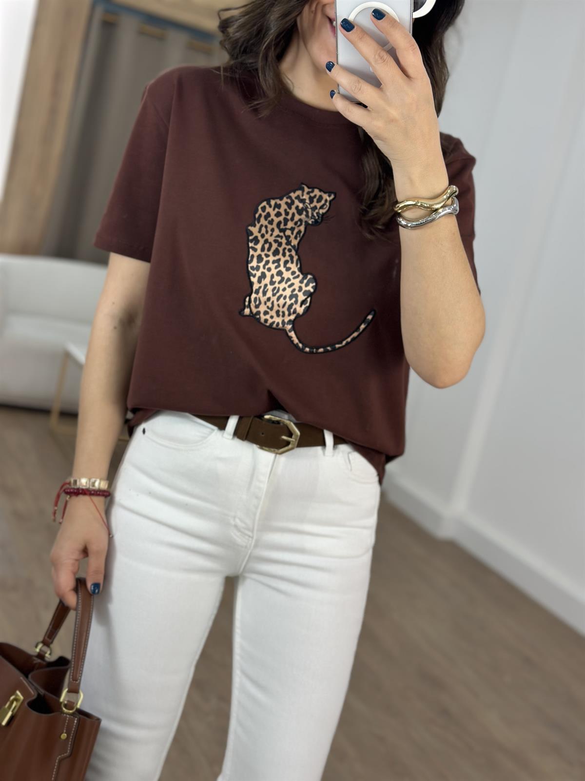Saten Leopar Baskılı Tshirt - Kahverengi