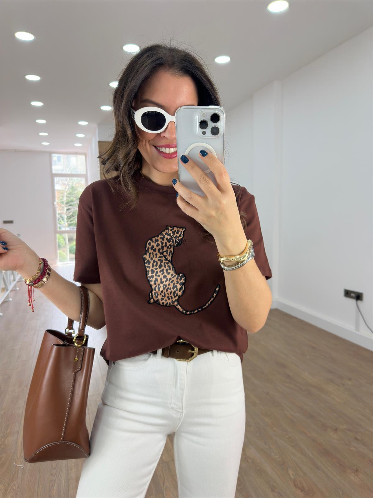 Saten Leopar Baskılı Tshirt - Kahverengi