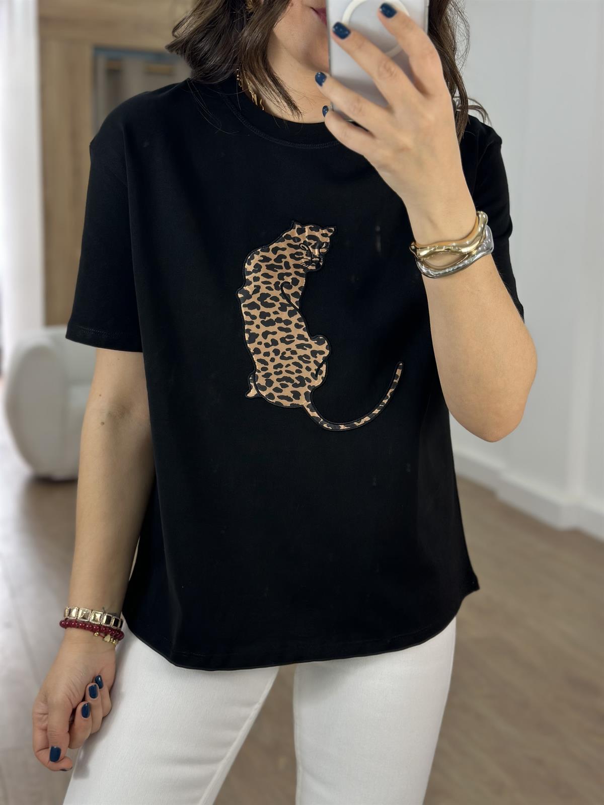 Saten Leopar Baskılı Tshirt - Siyah