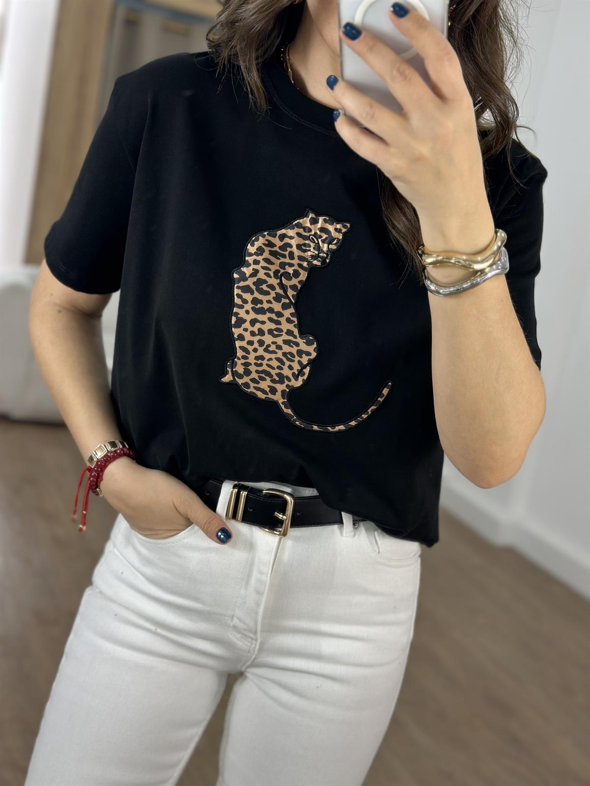 Saten Leopar Baskılı Tshirt - Siyah
