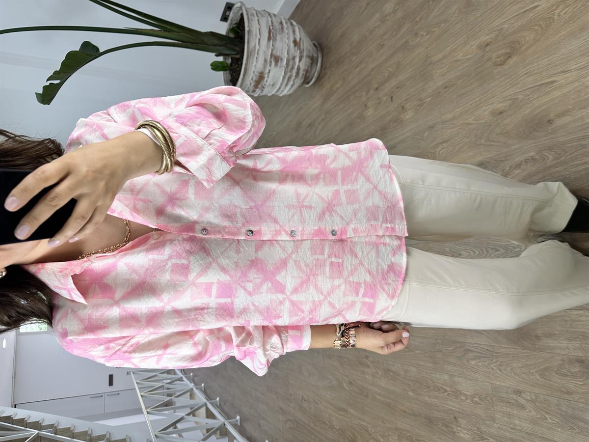 Sedef Düğmeli Renkli Tiril Gömlek-Pembe