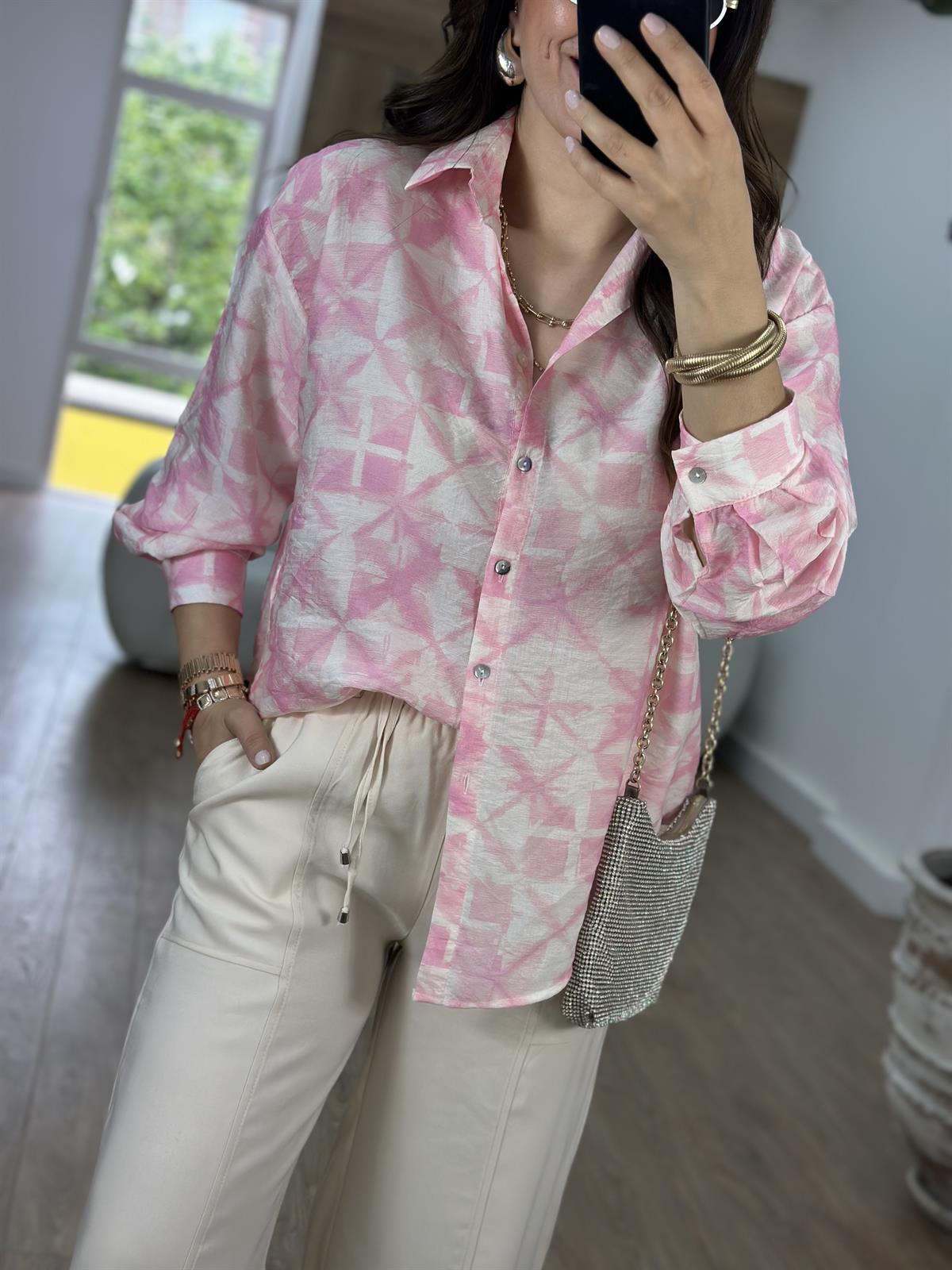 Sedef Düğmeli Renkli Tiril Gömlek-Pembe