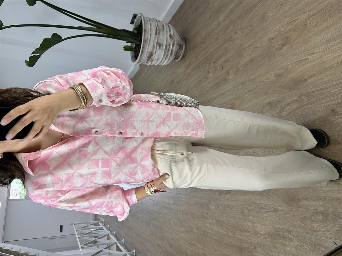 Sedef Düğmeli Renkli Tiril Gömlek-Pembe