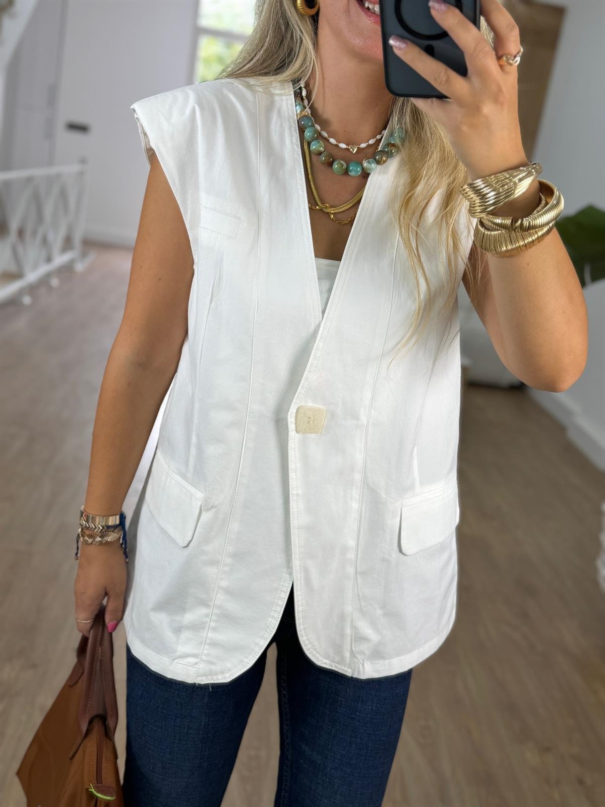 Şeffaf Düğme Detaylı Cepli Yelek - Beyaz