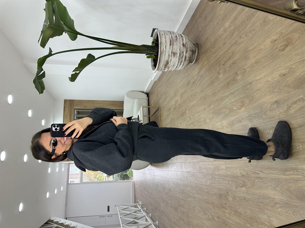 Selanik Kumaş Önü Fermuarlı Takım-Antrasit