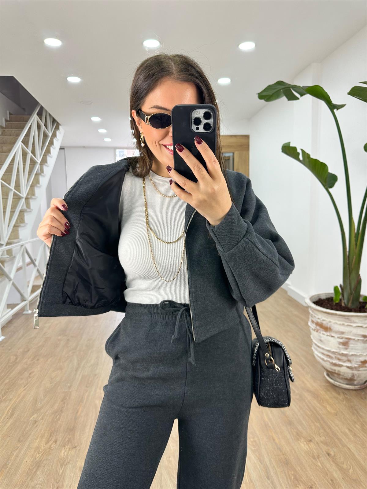 Selanik Kumaş Önü Fermuarlı Takım-Antrasit