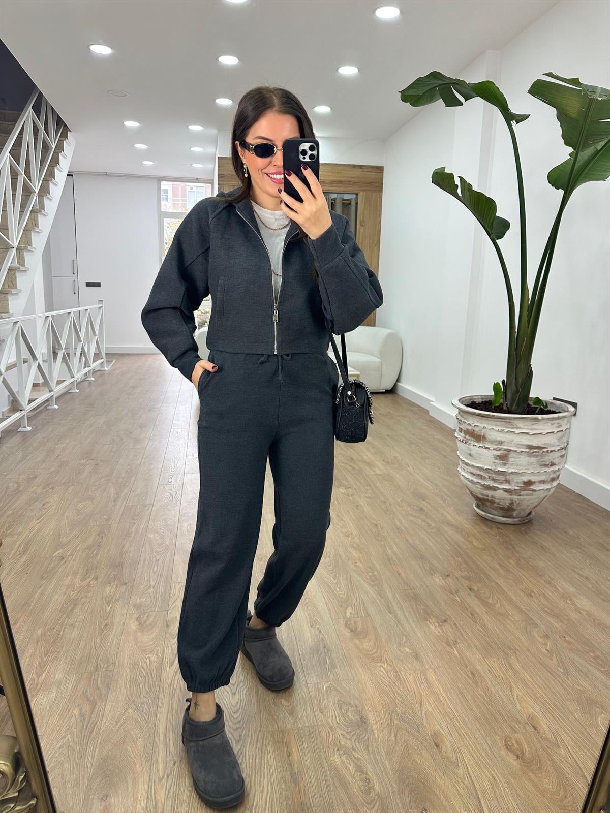 Selanik Kumaş Önü Fermuarlı Takım-Antrasit