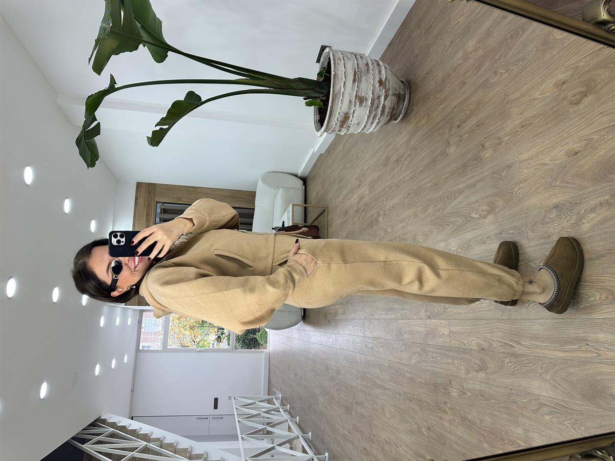 Selanik Kumaş Önü Fermuarlı Takım-Camel