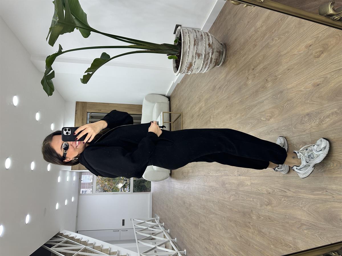 Selanik Kumaş Önü Fermuarlı Takım-Siyah