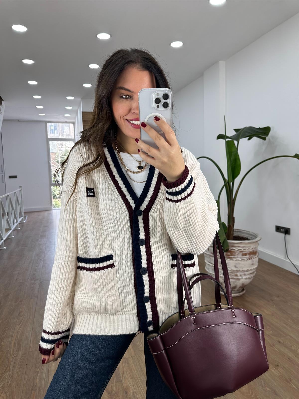 Selanik Örgü Cepli Çizgili Hırka - Ekru