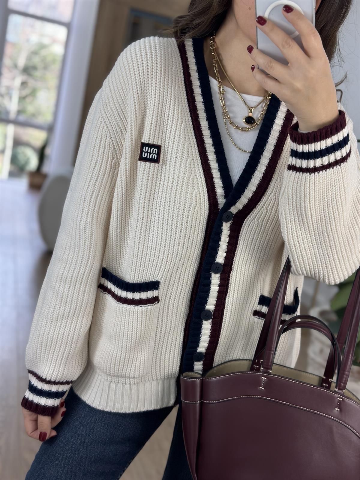 Selanik Örgü Cepli Çizgili Hırka - Ekru