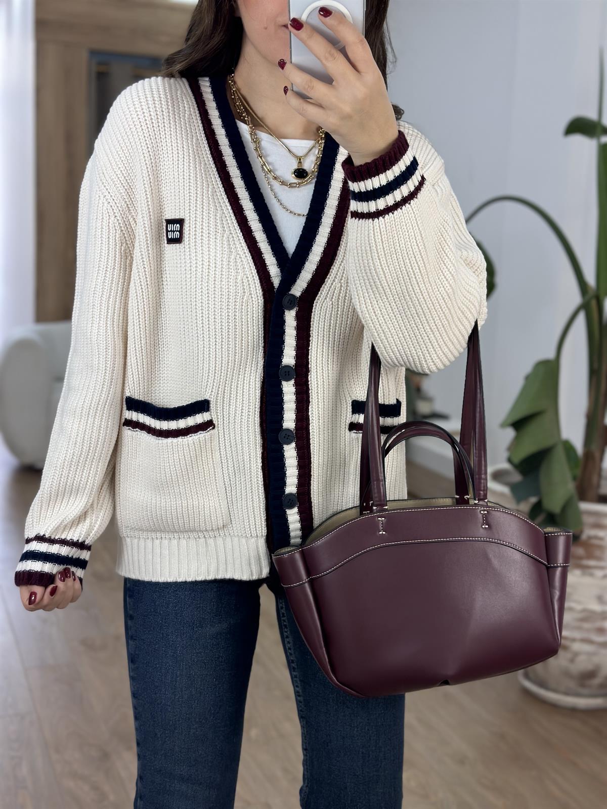 Selanik Örgü Cepli Çizgili Hırka - Ekru