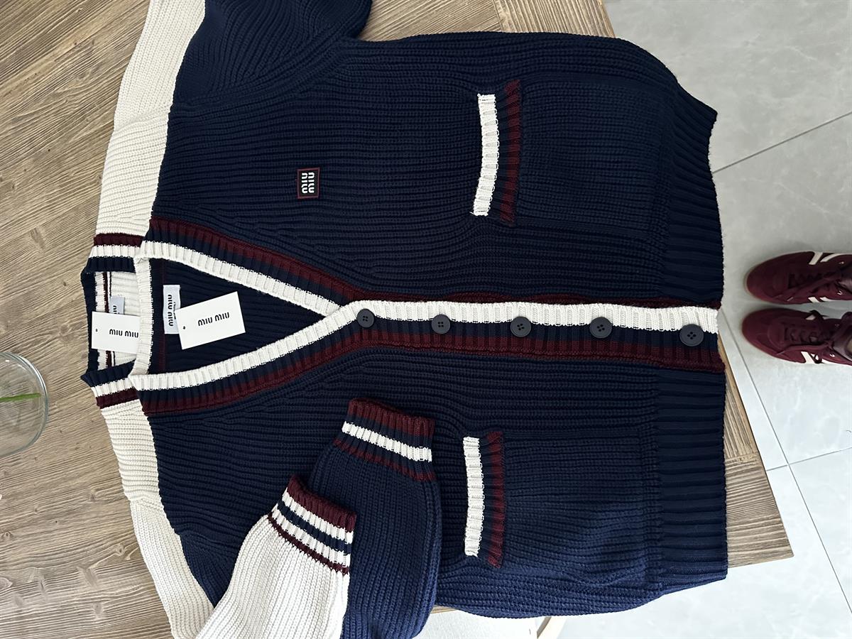 Selanik Örgü Cepli Çizgili Hırka - Lacivert