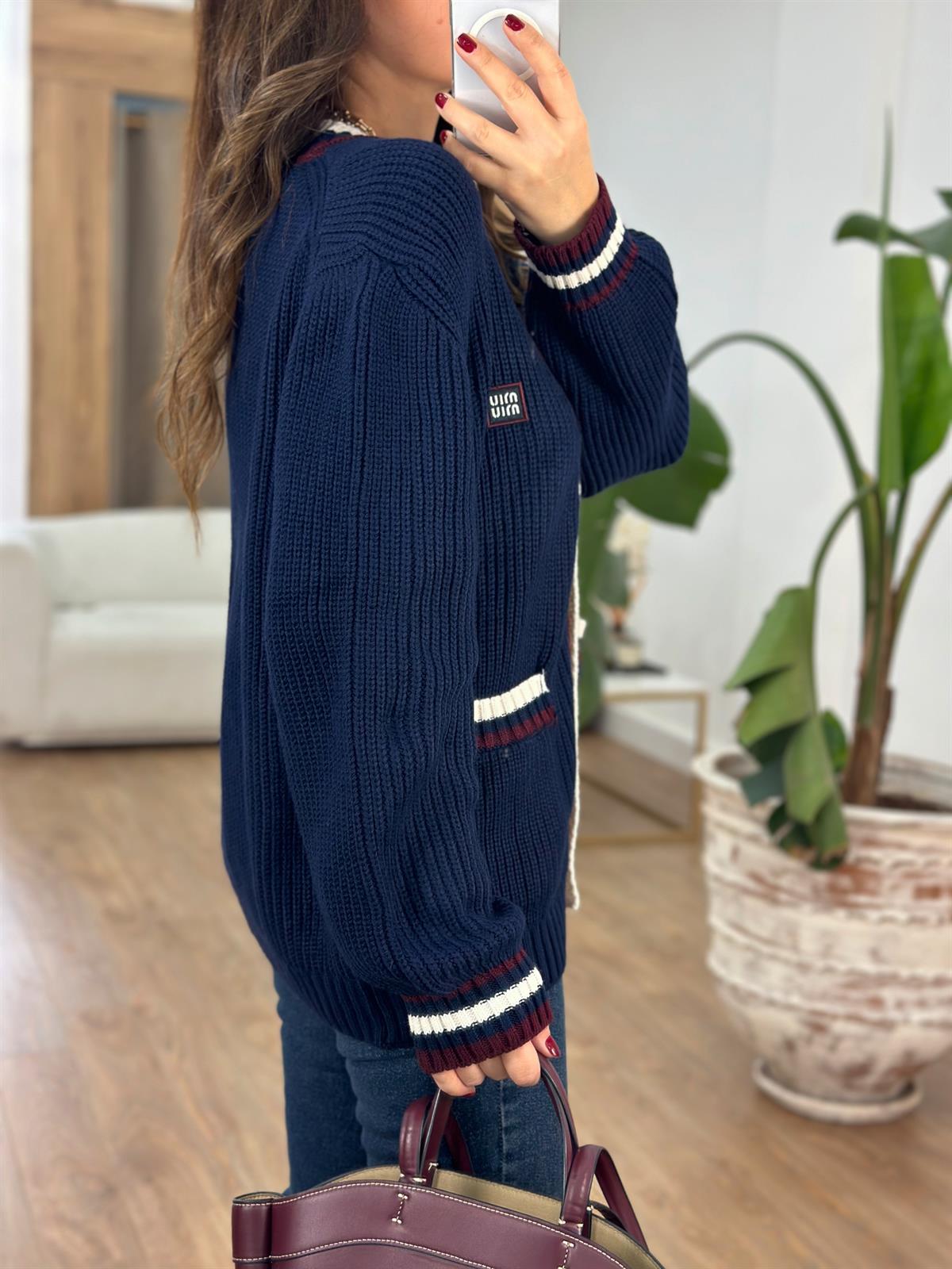 Selanik Örgü Cepli Çizgili Hırka - Lacivert