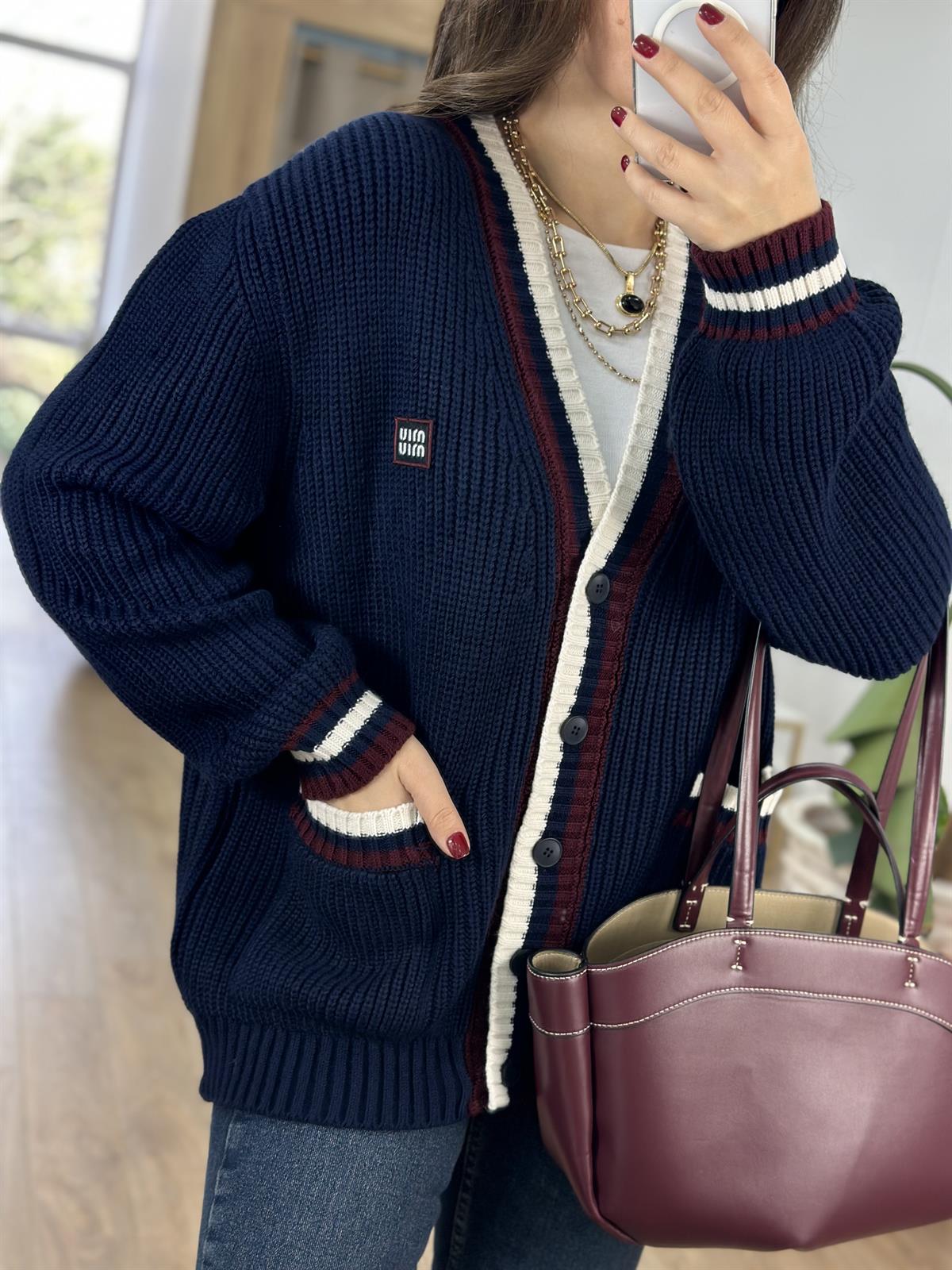 Selanik Örgü Cepli Çizgili Hırka - Lacivert