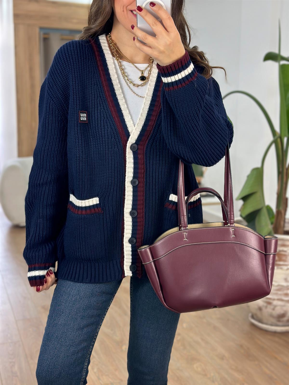 Selanik Örgü Cepli Çizgili Hırka - Lacivert