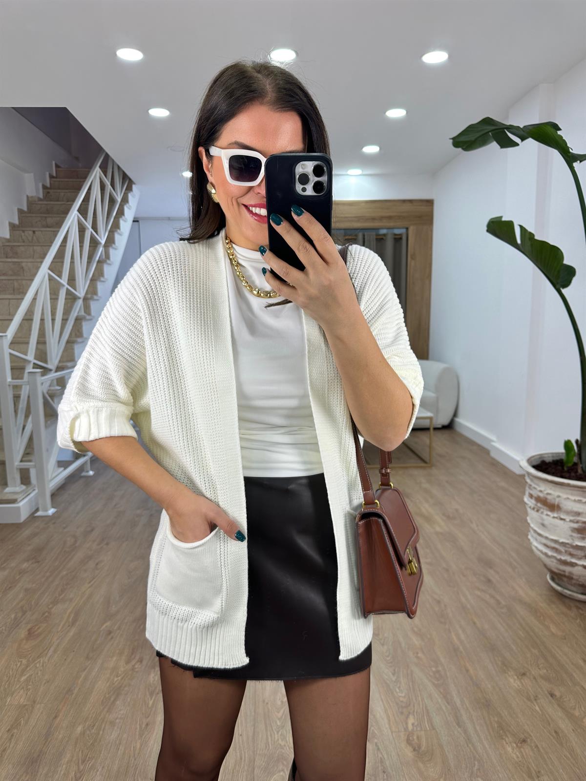 Selanik Örgü Cepli Hırka-Ekru