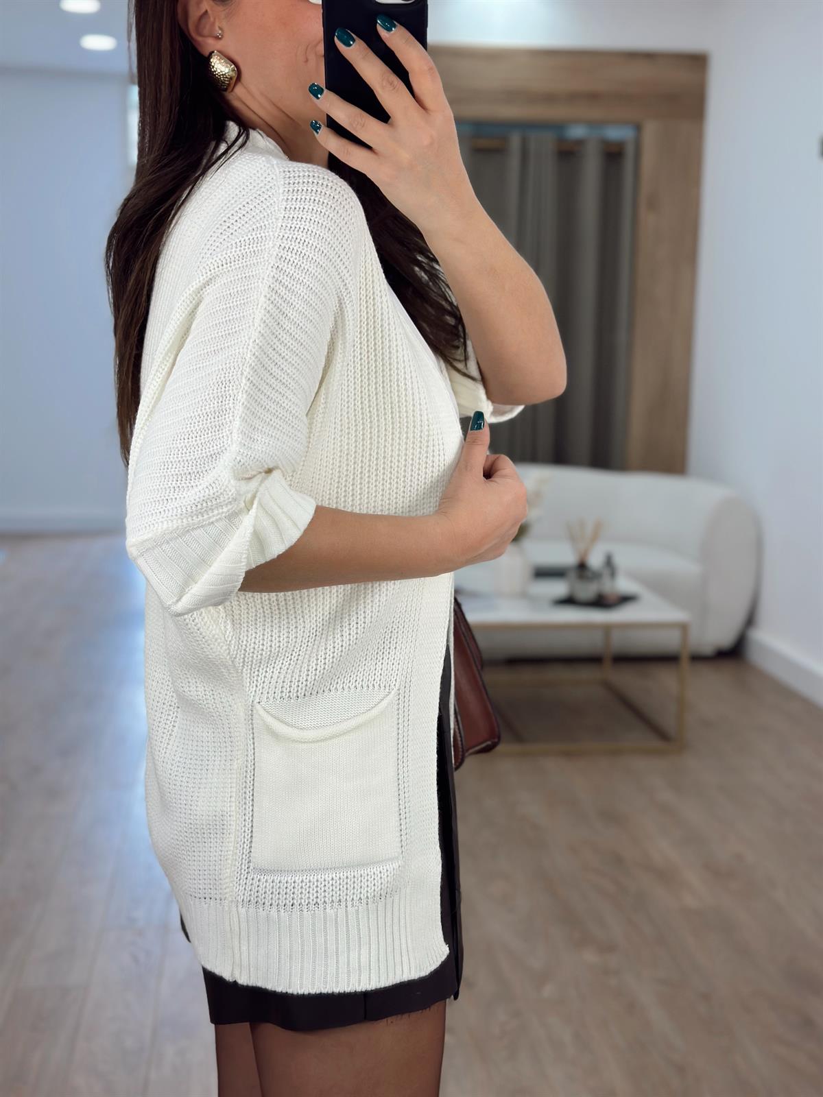 Selanik Örgü Cepli Hırka-Ekru