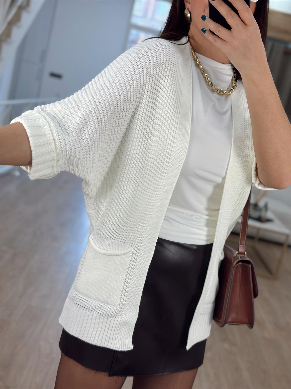 Selanik Örgü Cepli Hırka-Ekru