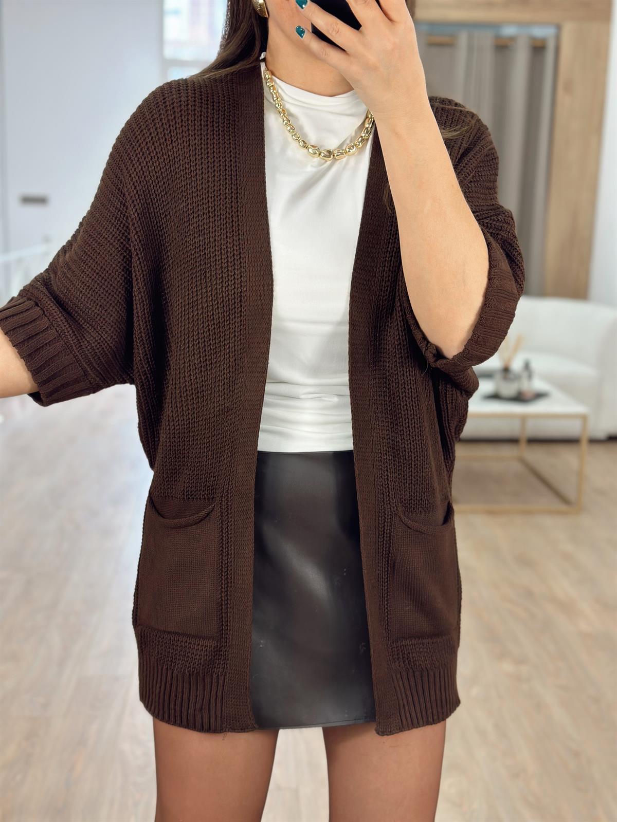 Selanik Örgü Cepli Hırka-Kahverengi