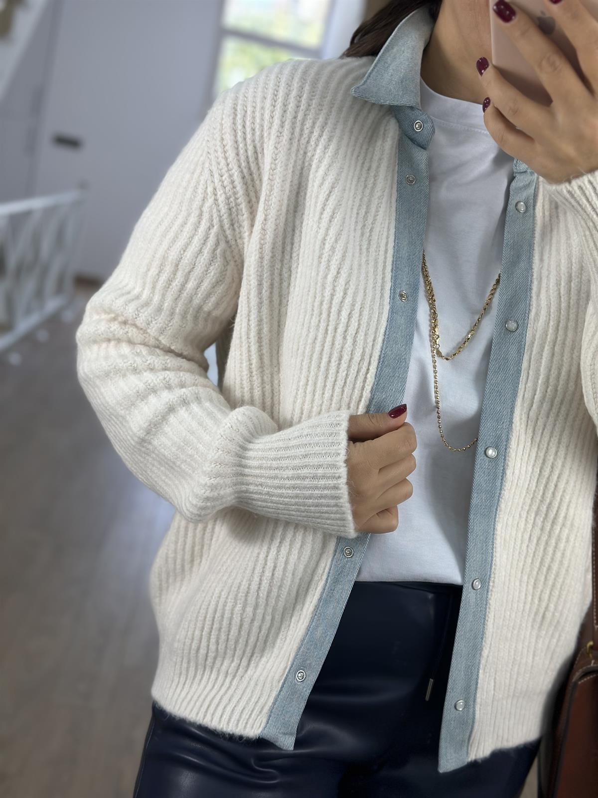 Selanik Örgü Kot Garnili Hırka-Ekru