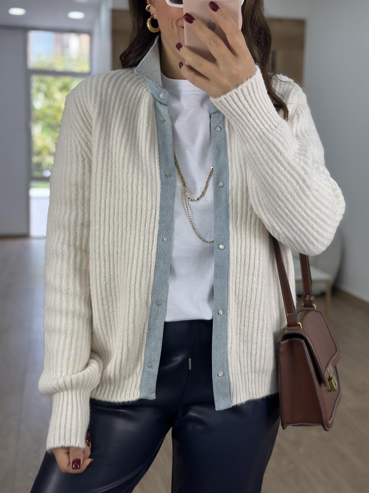 Selanik Örgü Kot Garnili Hırka-Ekru