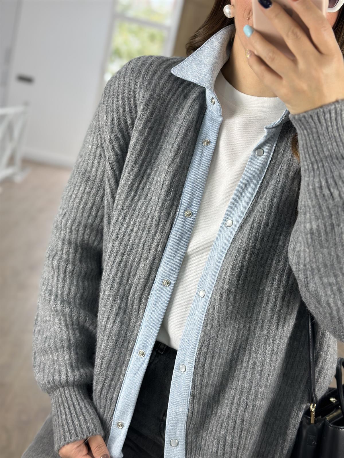 Selanik Örgü Kot Garnili Hırka-Gri