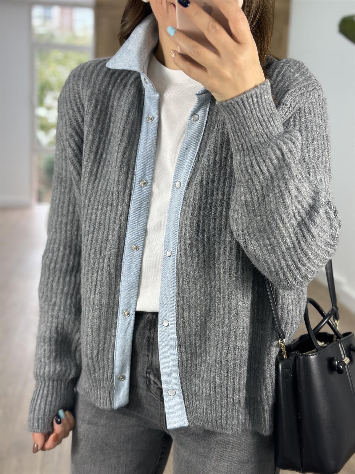 Selanik Örgü Kot Garnili Hırka-Gri