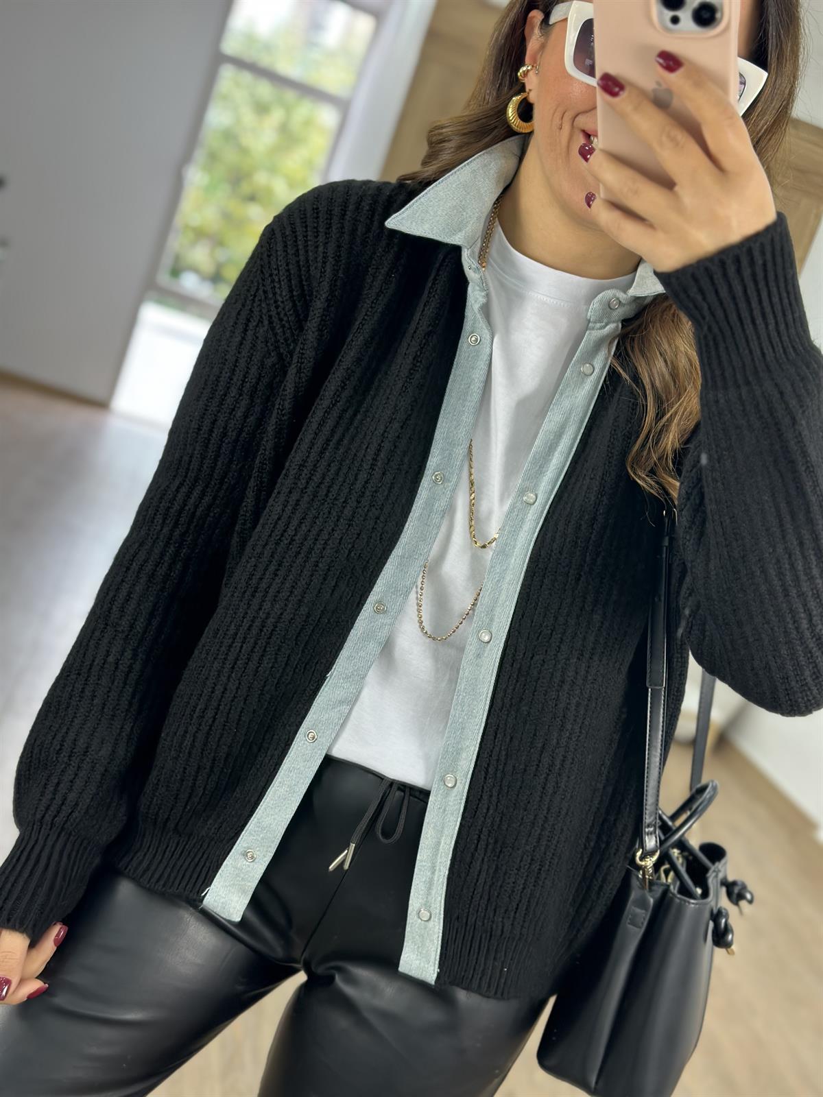 Selanik Örgü Kot Garnili Hırka-Siyah