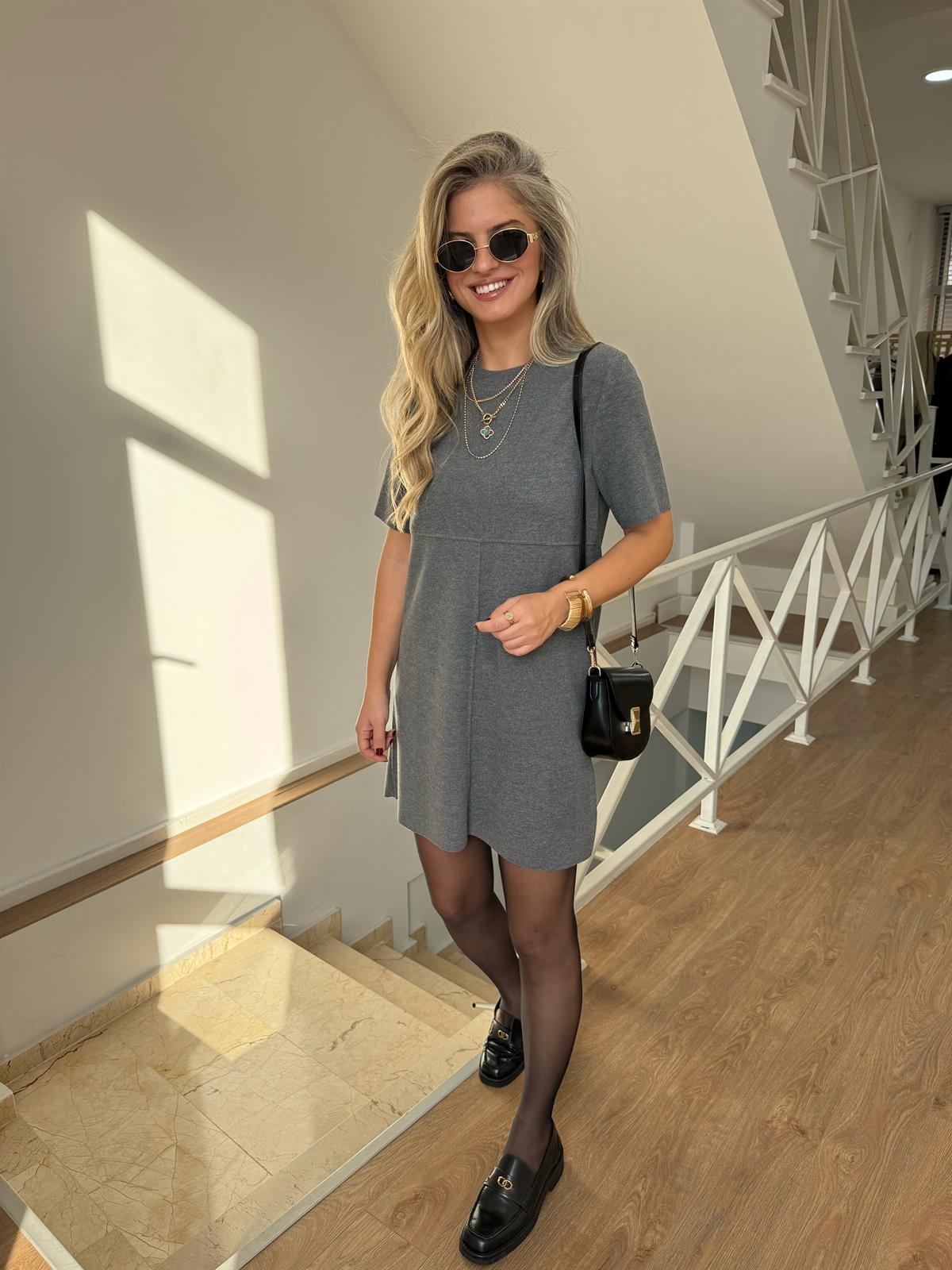 Selanik Örme Kısa Kol Elbise - Gri