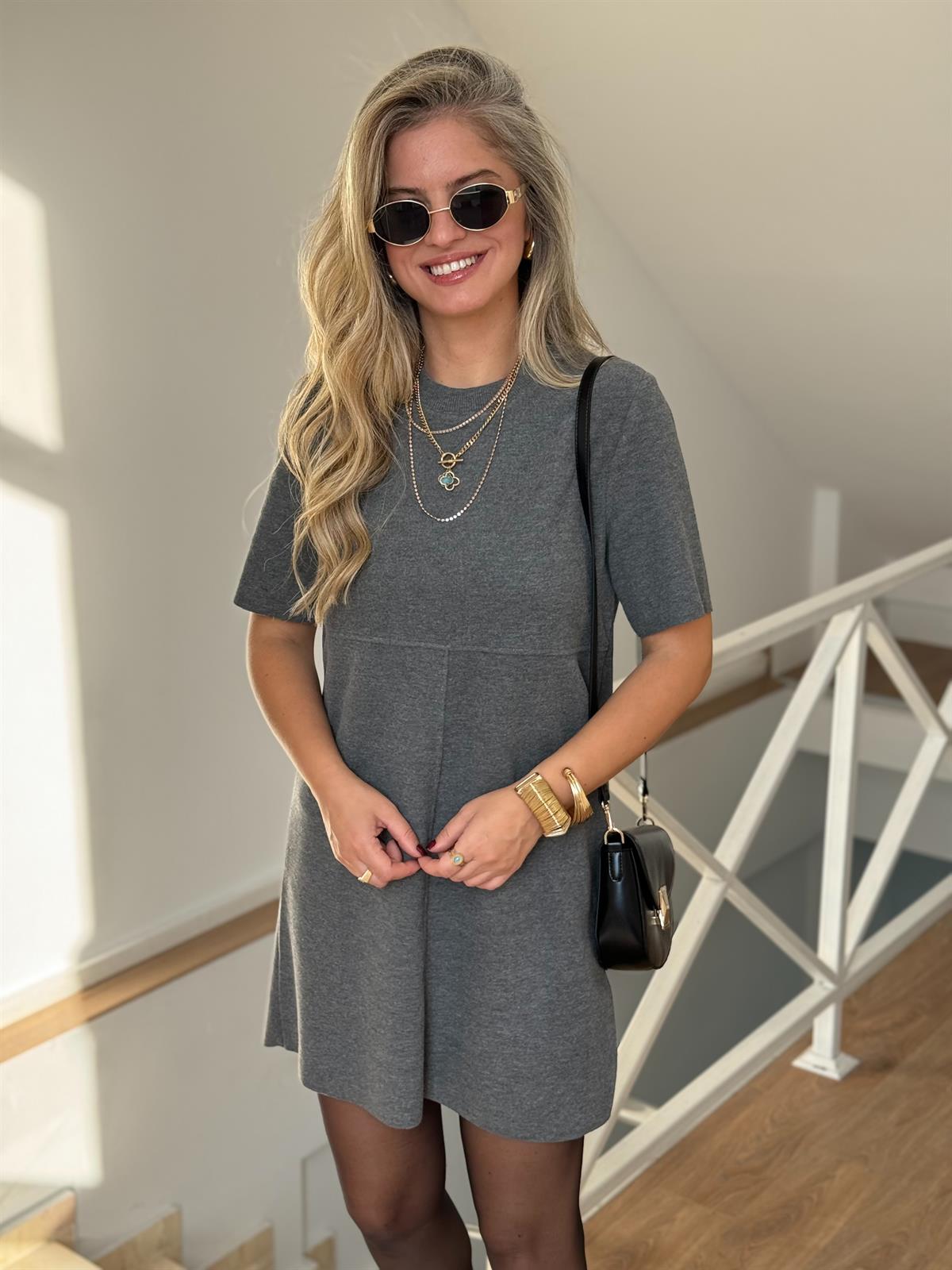 Selanik Örme Kısa Kol Elbise - Gri