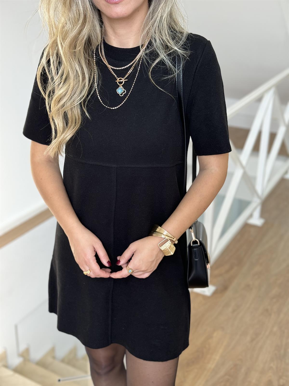 Selanik Örme Kısa Kol Elbise - Siyah