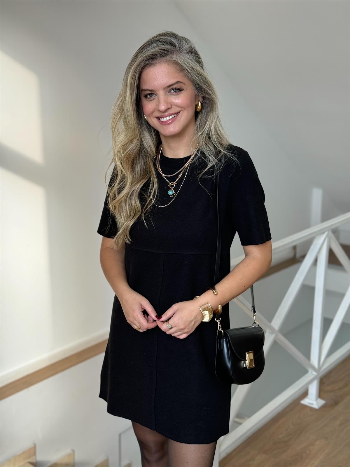 Selanik Örme Kısa Kol Elbise - Siyah