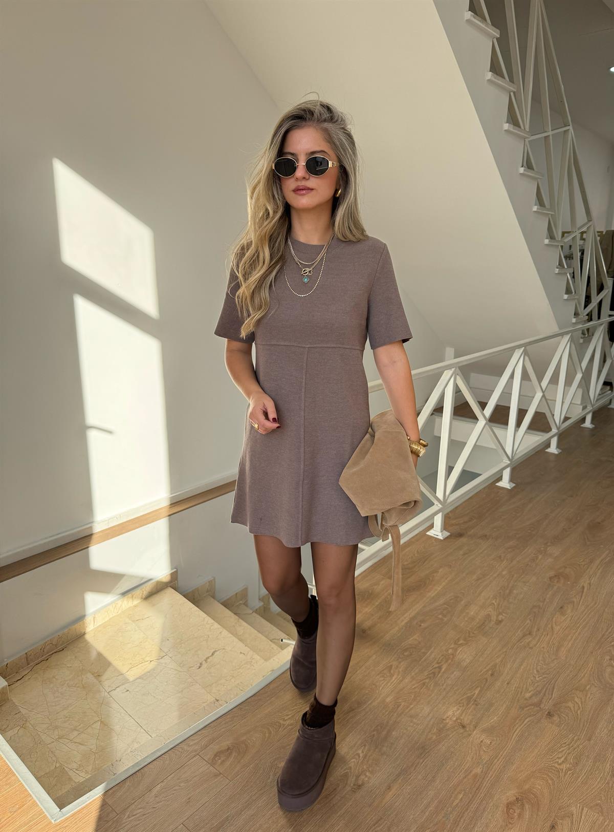 Selanik Örme Kısa Kol Elbise - Vizon