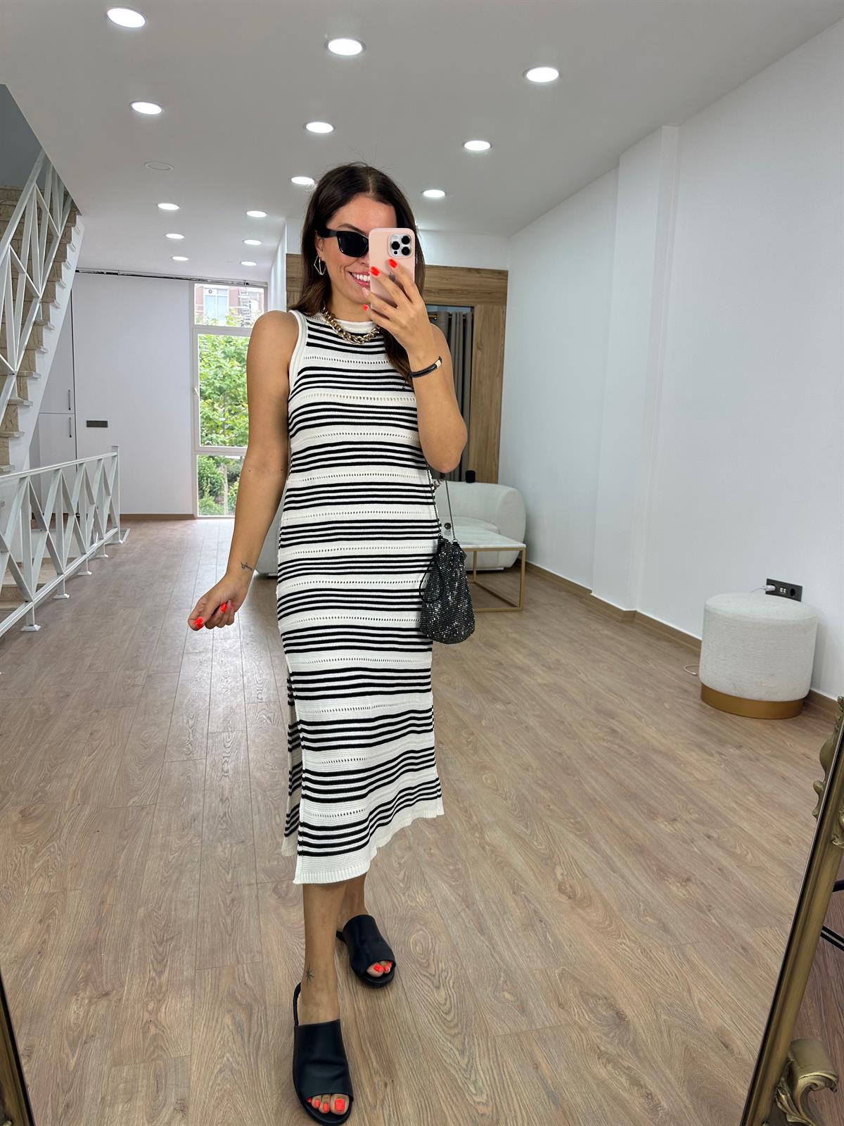 Sıfır Kol Ajurlu Triko Elbise