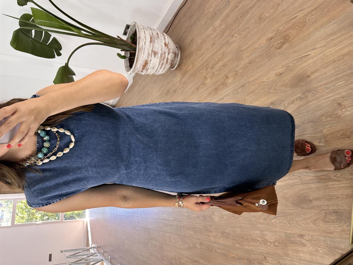 Sıfır Kol Basic Denim Elbise 