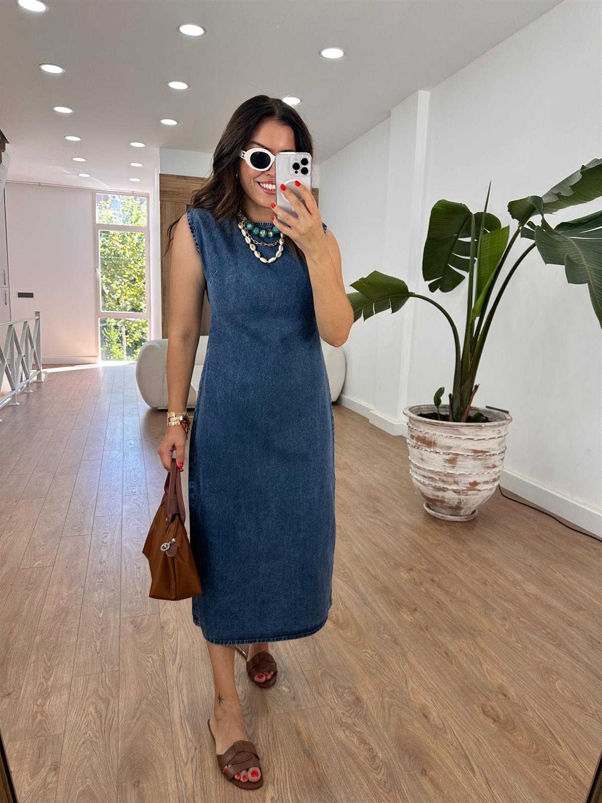 Sıfır Kol Basic Denim Elbise 