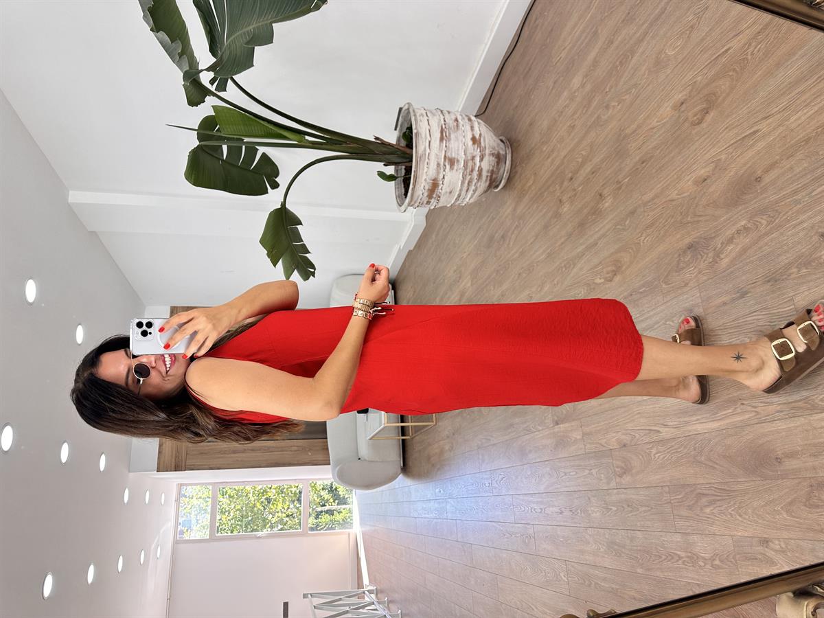 Sıfır Kol Basic Viskon Elbise - Kırmızı